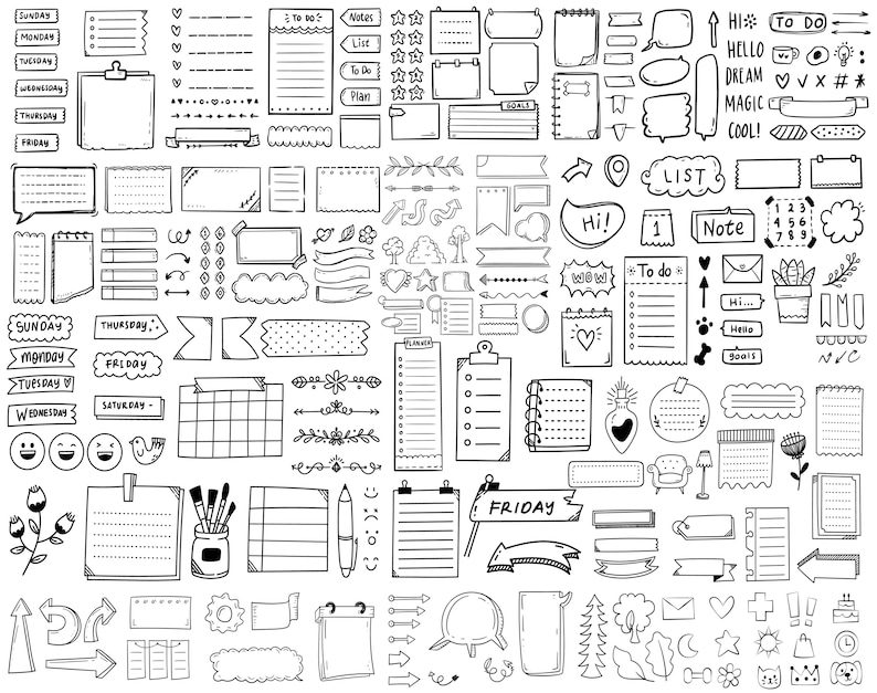 May include: A collection of black and white hand-drawn planner stickers and elements. The stickers include various shapes, such as boxes, banners, arrows, and speech bubbles. There are also several calendar elements, including days of the week, a monthly calendar, and a weekly planner. The stickers are perfect for adding a personal touch to any planner or journal.