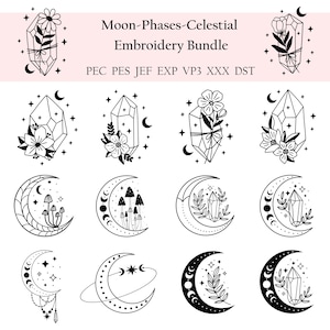 Moon Phases Celestial Embroidery Bundle, Floral Crystals, Witchy and Celestial Embroidery , Moon and Stars Machine Embroidery, Magic pes