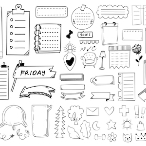 May include: A set of black and white hand-drawn planner stickers and doodles. The stickers include various shapes, such as banners, arrows, speech bubbles, and stars. The doodles include a lamp, a chair, a bottle, and a flower.