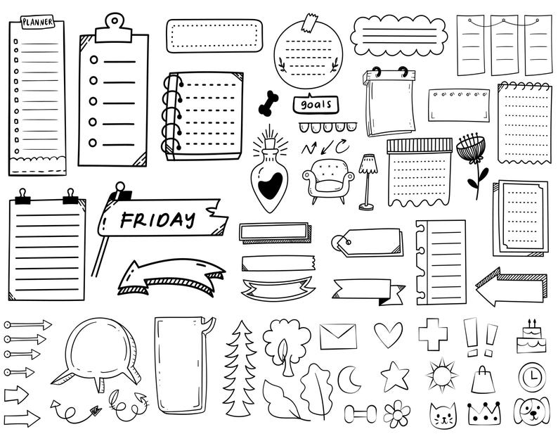 May include: A set of black and white hand-drawn planner stickers and doodles. The stickers include various shapes, such as banners, arrows, speech bubbles, and stars. The doodles include a lamp, a chair, a bottle, and a flower.