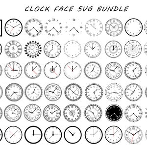 Puede incluir: Un conjunto de 50 diseños de esfera de reloj SVG en blanco y negro. Las esferas de reloj presentan varios estilos, incluidos números romanos, números arábigos y manecillas simples.