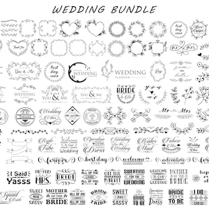 Może przedstawiać: Zestaw czarno-białych ilustracji graficznych ślubnych. Zestaw zawiera wianki, elementy florystyczne, banery i tekst, takie jak "Bride Tribe", "Best Day Ever", "I Do Crew" i "Mother of the Bride".