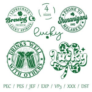 May include: Green and white graphic designs with Irish-themed text, including "Leprechaun Brewing Co.", "Drinks Well With Others", "Prone to Shenanigans and Malarkey", and "Lucky".