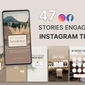 May include: A promotional graphic with the text "47 STORIES ENGAGEMENT INSTAGRAM TEMPLATES." The image includes a smartphone displaying a newsletter template and several other Instagram story templates. The Canva logo is in the upper right corner.