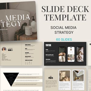 Puede incluir: Una plantilla de presentación digital titulada "Estrategia de redes sociales" con 60 diapositivas. El diseño presenta una paleta de colores neutros con texto y gráficos. El logotipo de Canva es visible. La presentación incluye diapositivas sobre TikTok.