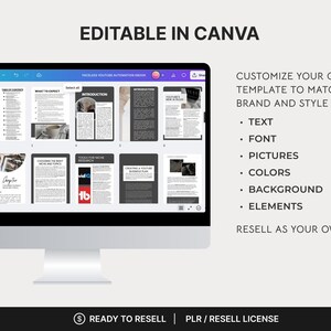 May include: A computer monitor displays a Canva template with various page layouts. The text "EDITABLE IN CANVA" is at the top. The Canva logo is visible, along with text about customization options. The template is ready to resell.