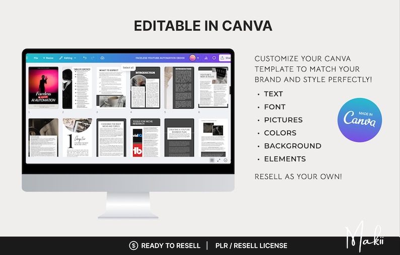 May include: A computer monitor displays a Canva template with various page layouts. The text "EDITABLE IN CANVA" is at the top. The Canva logo is visible, along with text about customization options. The template is ready to resell.