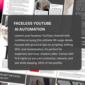 May include: A digital product advertisement for a faceless YouTube AI automation ebook. The ebook cover features the title "Faceless YouTube AI Automation" with a silhouette and YouTube logo. The ebook promises practical tips on scripting, editing, SEO, and monetization.