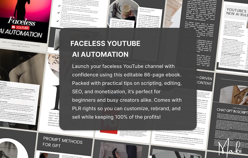 May include: A digital product advertisement for a faceless YouTube AI automation ebook. The ebook cover features the title "Faceless YouTube AI Automation" with a silhouette and YouTube logo. The ebook promises practical tips on scripting, editing, SEO, and monetization.