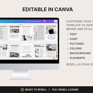 May include: A computer monitor displays a digital document with various pages, including a cover page with the text "Faceless Marketing." The screen also shows the text "Editable in Canva" and "Customize your Canva template to match your brand and style perfectly!"