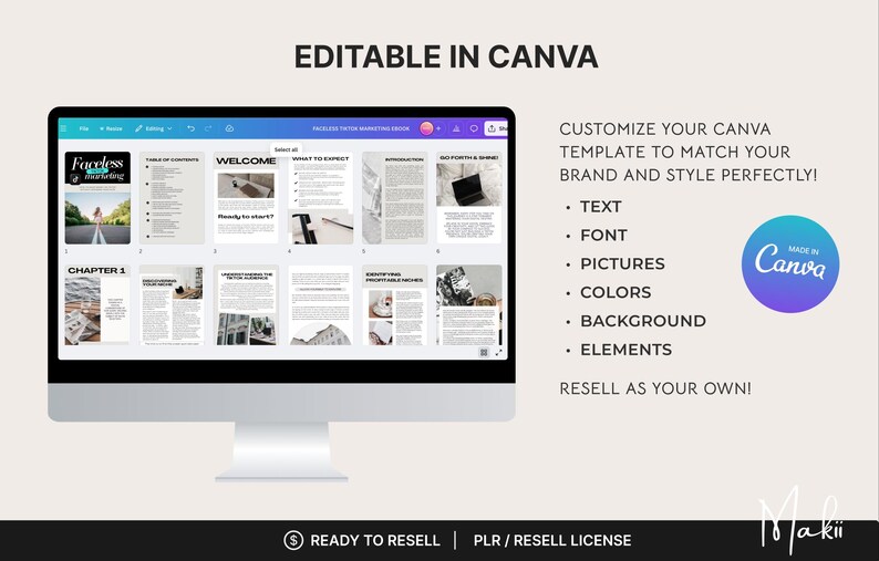 May include: A computer monitor displays a digital document with various pages, including a cover page with the text "Faceless Marketing." The screen also shows the text "Editable in Canva" and "Customize your Canva template to match your brand and style perfectly!"