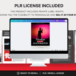 May include: A computer monitor displays a presentation about YouTube automation, with the text "Faceless AI Automation." Accompanying documents include "What to Expect" and "Strategies for Maintaining Regular Uploads." The phrase "PLR License Included" is at the top.