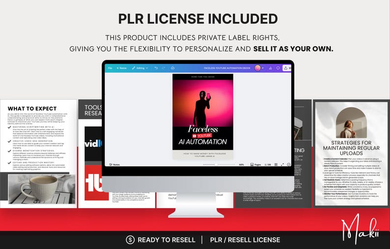 May include: A computer monitor displays a presentation about YouTube automation, with the text "Faceless AI Automation." Accompanying documents include "What to Expect" and "Strategies for Maintaining Regular Uploads." The phrase "PLR License Included" is at the top.