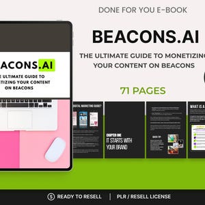 Könnte beinhalten: Digitales E-Book-Cover mit dem Titel "BEACONS.AI" und dem Untertitel "Der ultimative Leitfaden zur Monetarisierung Ihrer Inhalte auf Beacons". Das Cover zeigt einen Laptop, eine Maus und einen rosa-weißen Hintergrund. Das E-Book hat 71 Seiten.