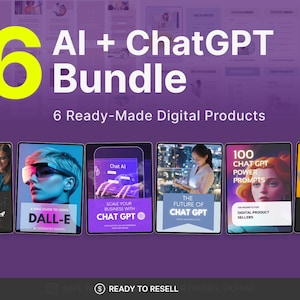 Könnte beinhalten: Ein lila Grafik mit dem Text "AI + ChatGPT Bundle" und der Zahl "6" in Gelb. Es zeigt sechs digitale Produktcover, darunter "50 Digital Product Ideas" und "The Beginners Guide to Using ChatGPT."