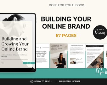 May include: An e-book cover titled "Building and Growing Your Online Brand" is displayed on a tablet. The cover features a woman's silhouette and the text "67 Pages." Additional pages showcase content on email list building and lead magnet ideas. The design is made in Canva.