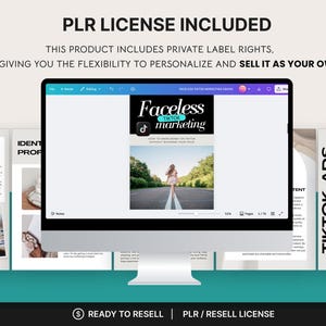 May include: A computer monitor displays a presentation titled "Faceless TikTok Marketing." The screen shows a woman walking down a road. Surrounding the monitor are pages with text and images, including "Understanding the TikTok Audience" and "TikTok Ads."