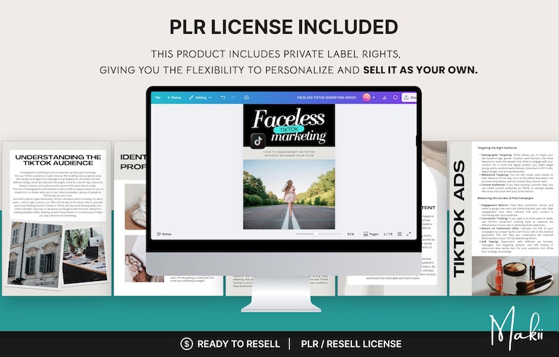 May include: A computer monitor displays a presentation titled "Faceless TikTok Marketing." The screen shows a woman walking down a road. Surrounding the monitor are pages with text and images, including "Understanding the TikTok Audience" and "TikTok Ads."