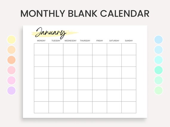 Printable Calendar Monthly Blank Calendar PDF Year - Etsy