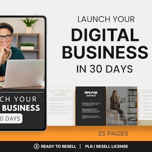 May include: An advertisement for a digital business course. The image features a person smiling while using a laptop, with the text "Launch Your Digital Business in 30 Days." Additional pages and the Canva logo are also visible.