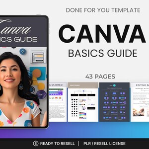 Puede incluir: Una plantilla digital de la Guía Básica de Canva con una mujer en la portada. La guía tiene 43 páginas e incluye el texto "Canva Basics Guide" y "Made in Canva". La plantilla está lista para revender.