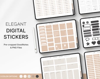 May include: An overhead shot displays several tablets showcasing elegant digital stickers. The stickers are pre-cropped for GoodNotes and PNG files, with options in five colors. The stickers include labels, calendars, and decorative elements in neutral tones.