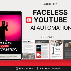 Puede incluir: Una guía digital titulada "Faceless YouTube AI Automation" con una silueta sosteniendo un teléfono. La guía, hecha con Canva, incluye 86 páginas y promete enseñar cómo ganar dinero usando IA. El diseño presenta elementos rojos, negros y blancos.