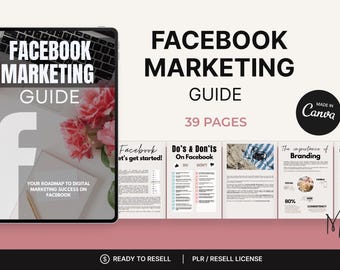 May include: A digital Facebook Marketing Guide with the title "Facebook Marketing Guide" and the number of pages "39 PAGES". The guide is displayed on a tablet with a keyboard and flowers. The guide includes the text "Your roadmap to digital marketing success on Facebook".