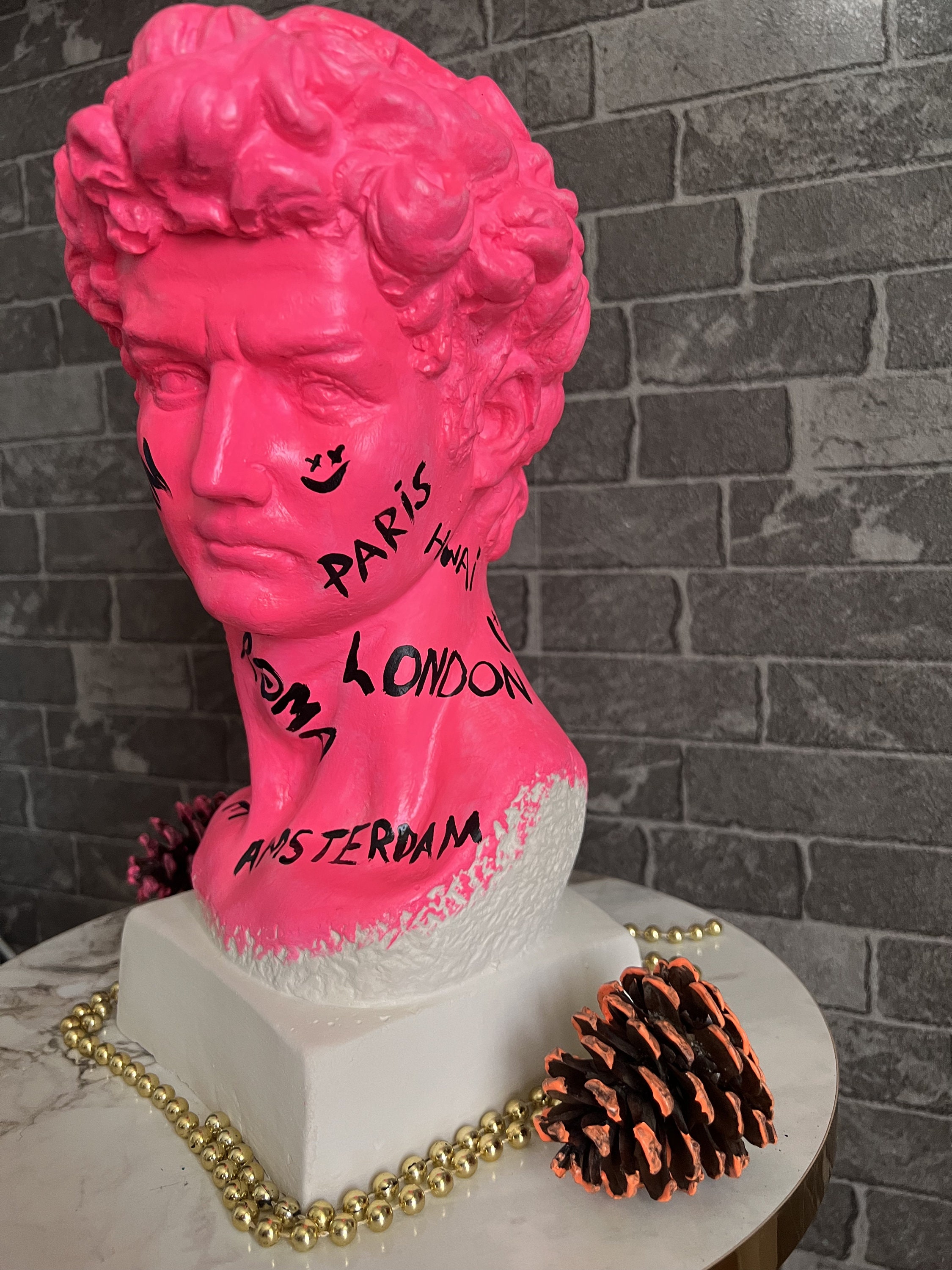 Large David Sculpture Statue,gift for Him David Bust Statue, Pink and Black Sculpture , Roman