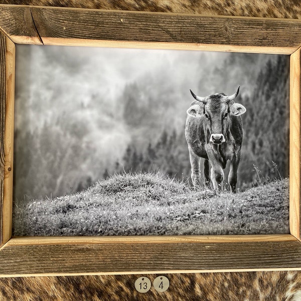 Altholz Bilderrahmen Bild Geschenk Chalet Ferienwohnung Deko Hotel Natur Allgäu Schweiz Heimat Kuh Berge Alp Viehscheid Fotografie