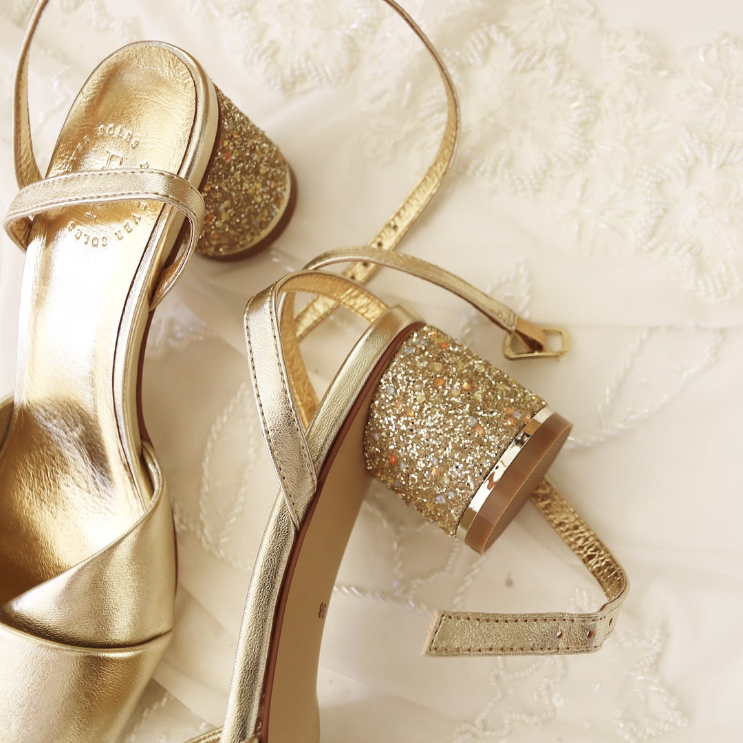 GOLD Bridal Shoes Gold Sparkle Wedding Shoes. Low Heels Gold Etsy