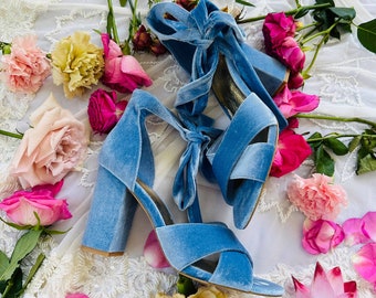 BLUE BRIDAL SHOES, blue high heel velvet wedding shoes, heel bridal shoes, blue shoes, velvet heels, velvet bridal heels. Size eu 38