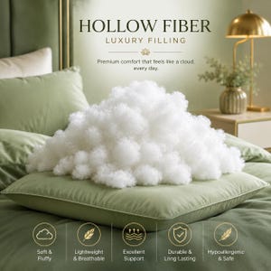 May include: A pile of white hollow fibre filling resting on a sage green pillow. The text reads HOLLOW FIBRE LUXURY FILLING, Premium comfort that feels like a cloud, every day, Soft & Fluffy, Lightweight & Breathable, Excellent Support, Durable & Long Lasting, Hypoallergenic & Safe.
