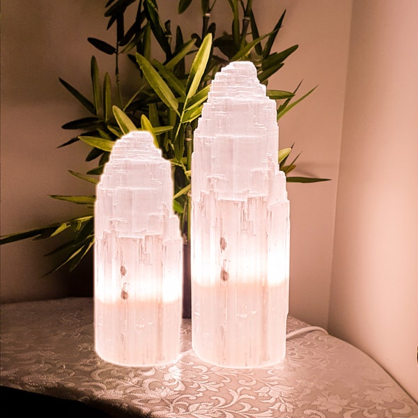 Natural Selenite Mountain Lamp White Crystal Tower Handmade Lamp Spiritual Healing Cleanse and Recharge Crystals Table Lamp Decoration Gift