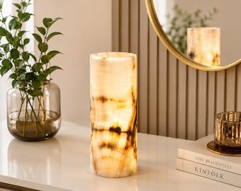 Onyx Crystal Cylinder Lamp, Handcrafted Natural Stone Decor, Luxury Home Accent, Meditation Room Decor, Bedside Stone Glow Gift, 25cm