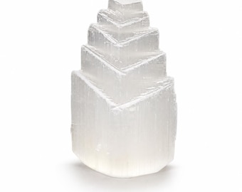 Torre de cristal de selenita con forma de cola de pez de 10 cm (4 pulgadas), pilar de cristal de selenita blanco con forma de rascacielos, ideal para la limpieza energética, la meditación y la decoración del hogar.