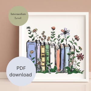 Patrón de punto de cruz de flores silvestres con libros | Bordados de temática literaria y de naturaleza | 200x200 puntos | Descarga digital | Bordado
