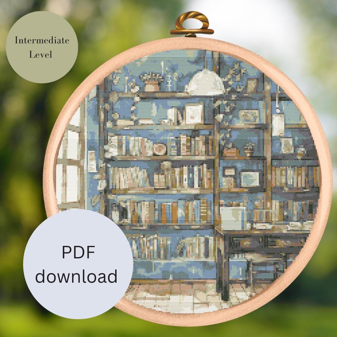 Library Watercolor With Plants Cross Stitch Pattern, Full Cover, PDF ...