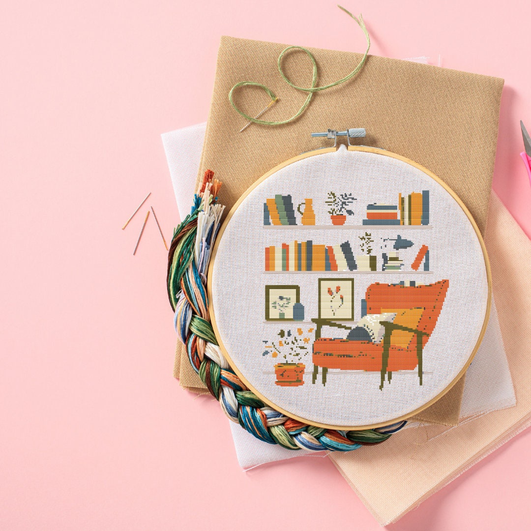 Cozy Living Room With Library Cross Stitch Pattern, Full Cover, PDF ...