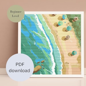 Op de afbeelding: Een kruissteekpatroon met een luchtfoto van een strand met turquoise water, witte golven en geel zand. Er zijn verschillende kleurrijke parasols op het strand. Het patroon is gemarkeerd met "Beginner Level" en "PDF download".
