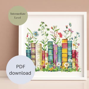 Könnte beinhalten: Ein Kreuzstichmuster mit einer Reihe bunter Bücher, aus denen Blumen wachsen. Das Muster ist mit "Mittleres Niveau" gekennzeichnet und als PDF-Download verfügbar.