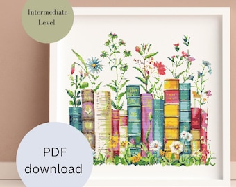 Può includere: Uno schema di punto croce che presenta una fila di libri colorati con fiori che crescono da essi. Lo schema è etichettato come "Livello intermedio" ed è disponibile per il download in PDF.