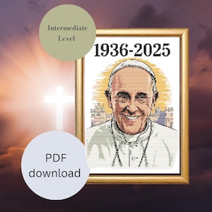 Könnte beinhalten: Ein Kreuzstichmuster von Papst Franziskus, mit den Jahren 1936-2025 über seinem Bild gedruckt. Das Muster ist in einem goldenen Rahmen gerahmt und hat einen weißen Hintergrund. Das Muster ist als mittelschweres Niveau gekennzeichnet.