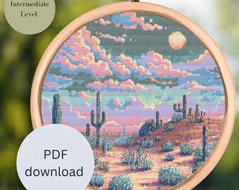 Pink Desert Landscape Cross Stitch Pattern, Southwestern Embroidery Design, DIY Nature Craft, Cactus Scene Stitching, texas landscape