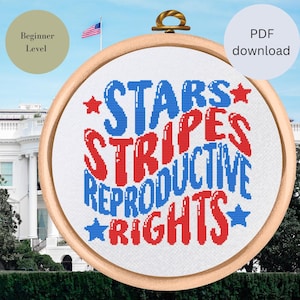 Könnte beinhalten: Ein weißer Stickrahmen mit einem roten und blauen Kreuzstich-Design, auf dem "Stars Stripes Reproductive Rights" steht.