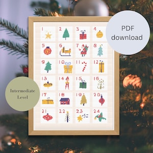 Könnte beinhalten: Ein druckbares Kreuzstichmuster für einen Adventskalender zu Weihnachten. Das Muster zeigt 24 verschiedene festliche Designs, darunter einen Weihnachtsbaum, einen Strumpf, einen Zuckerstock und eine Geschenkbox. Das Muster ist mit "Mittleres Niveau" gekennzeichnet.