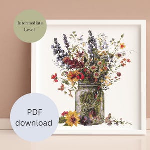 Può includere: Uno schema di punto croce che presenta un barattolo di vetro pieno di un colorato bouquet di fiori selvatici. Lo schema è etichettato come "Livello Intermedio" ed è disponibile per il download in PDF.