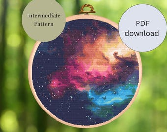 Colorful Galaxy in Space Cross Stitch Pattern with Stars, Galaxy Embroidery, Cosmic Home Decor, Easy Cross Stitch, Modern space Ufo