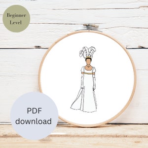 Könnte beinhalten: Ein Strichzeichnung einer Frau in einem Regency-Kleid, geschmückt mit einem Federkopfschmuck, ist in einem hölzernen Stickrahmen zentriert. Die Texte "Beginner Level" und "PDF download" sind ebenfalls sichtbar.