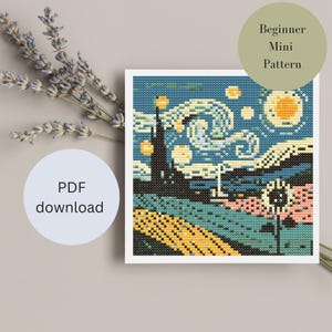 Könnte beinhalten: Ein anfängerfreundliches Mini-Kreuzstichmuster mit einer farbenfrohen Pixelversion von Vincent van Goghs Gemälde "Sternennacht". Das Muster enthält einen blauen Nachthimmel mit wirbelnden Wolken, einen gelben Mond und eine leuchtend gelbe Sonnenblume im Vordergrund.